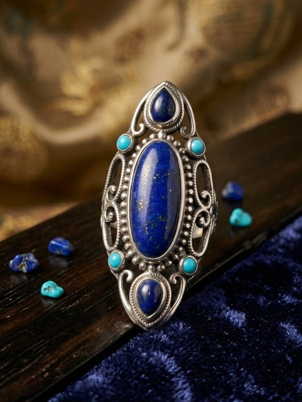 Sterling Silver Lapis Lazuli & Turquoise Elongated Ring Coastal Cowgirl 10 Grams
